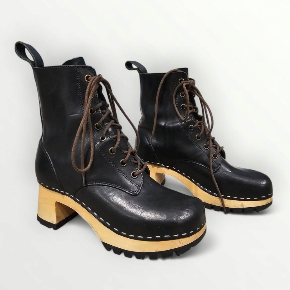 SWEDISH HASBEENS Black Leather Lace Up Wooden Block Clog Ankle Boots 36/6